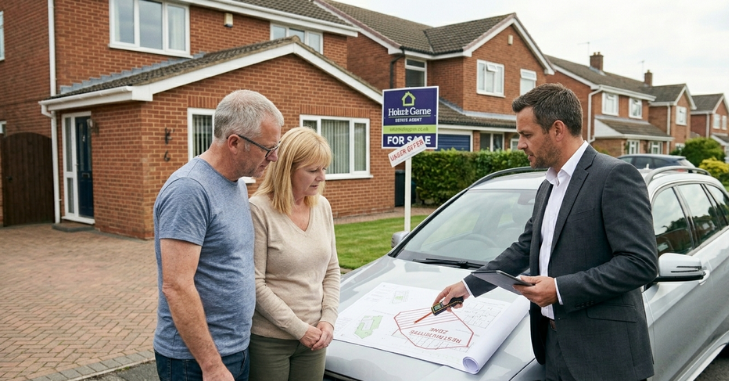 Solicitor examining a property deed at a desk