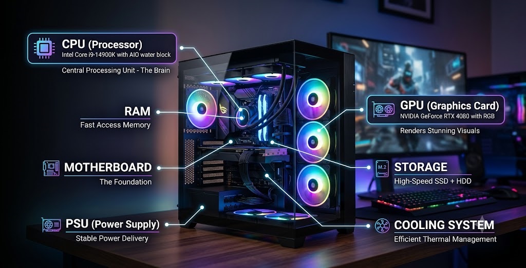 Gaming computer connected to a monitor and keyboard