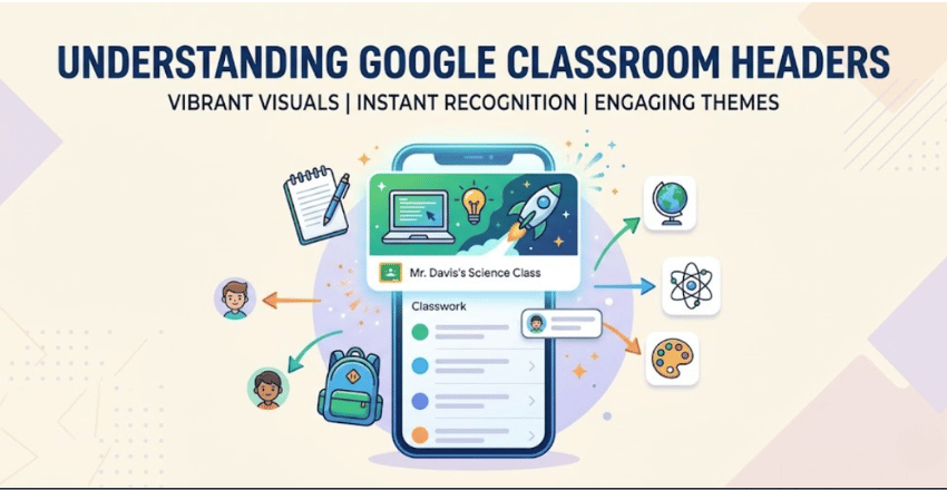 Colourful classroom banner design on a laptop screen