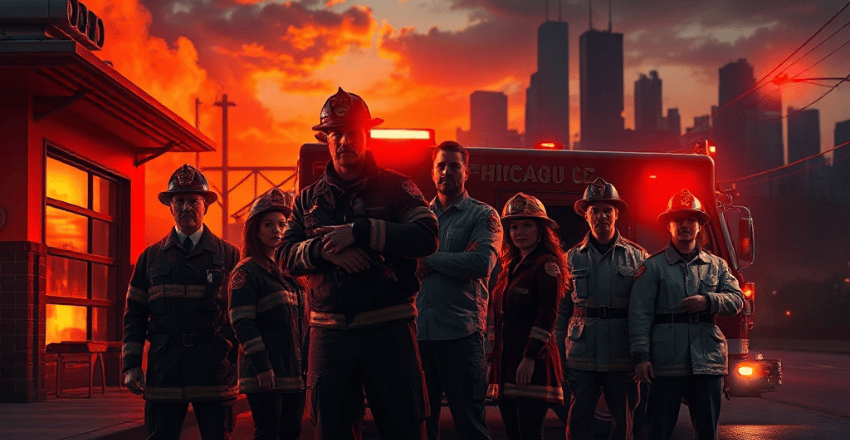 Dramatic rescue scene from a firehouse television series