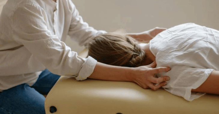 Person seated calmly during a relaxation exercise