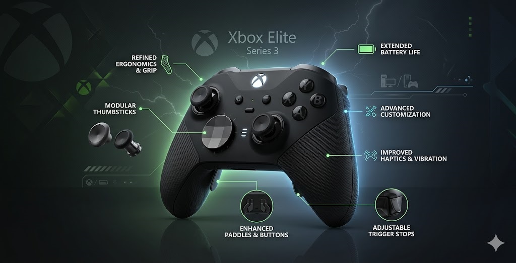 Close-up of thumbsticks and buttons on a premium controller