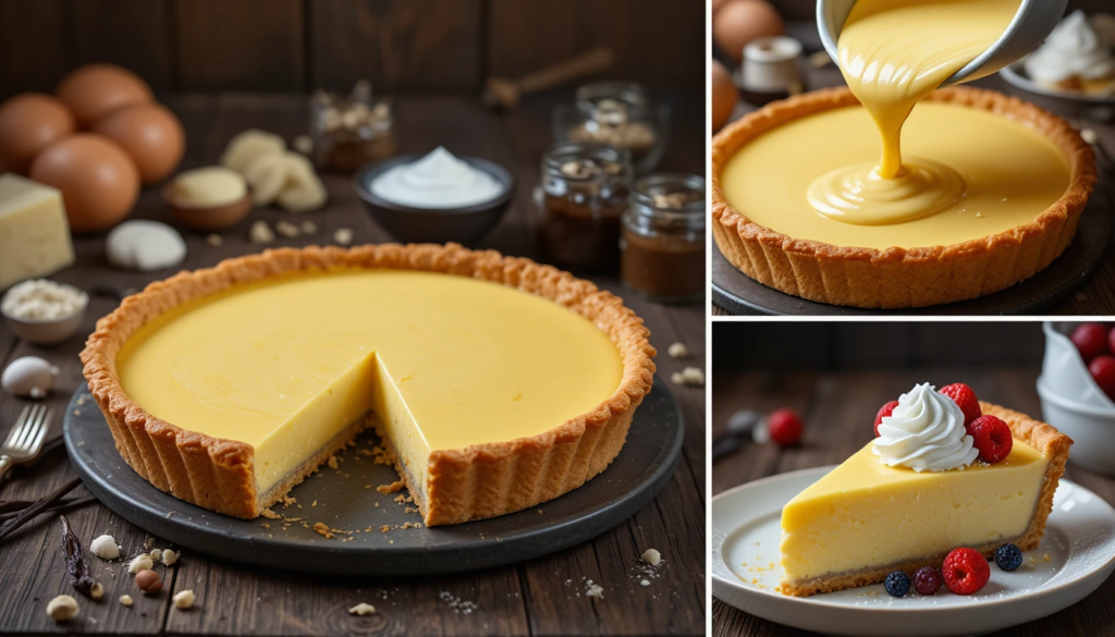 Whole custard tart dusted with grated nutmeg