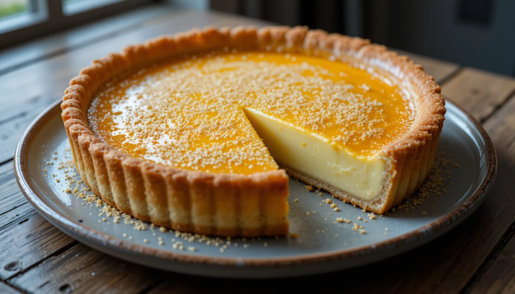 Custard tart served on a plate with a fork