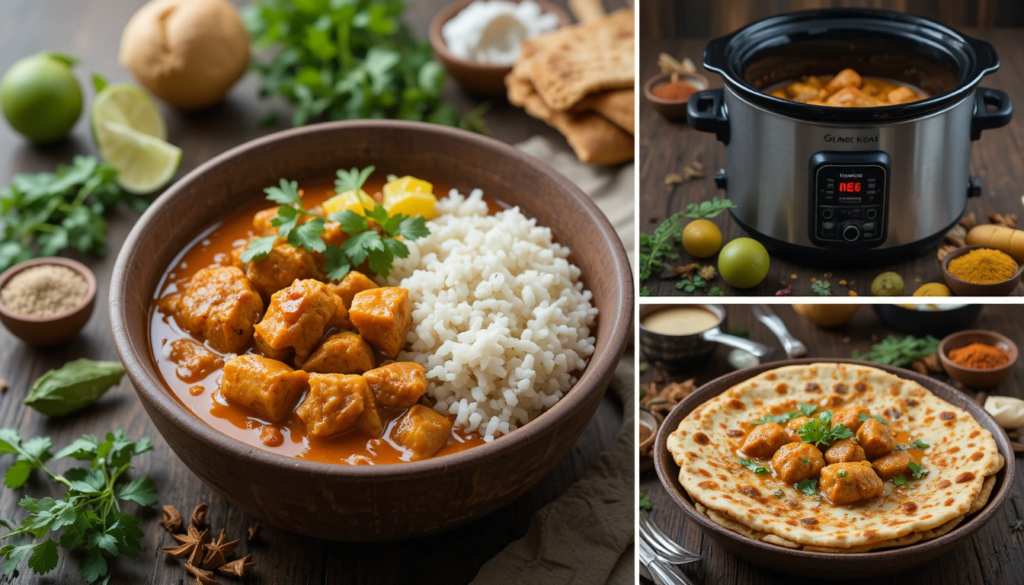 Chicken curry served in a bowl with rice