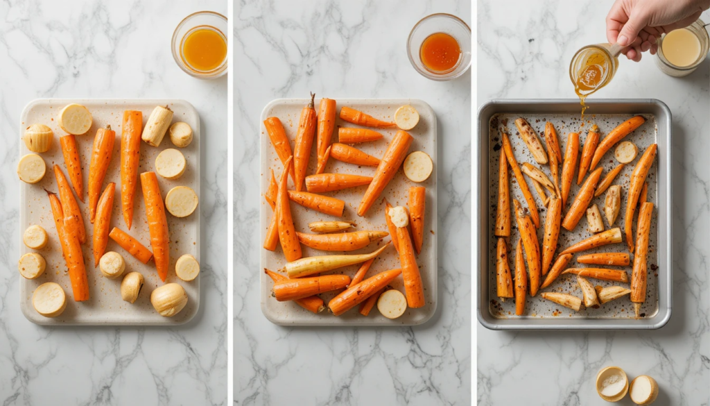 Raw root vegetables chopped ready for the oven
