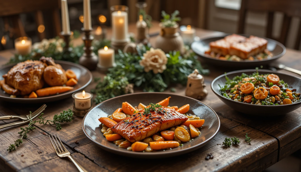 Roasted vegetables served in a bowl with herbs