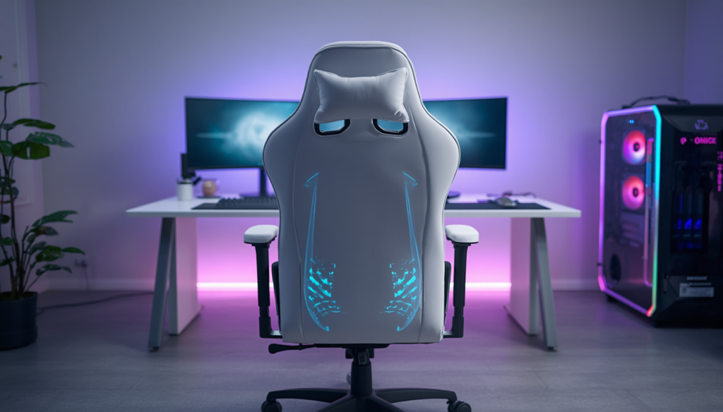 White gaming chair positioned beside a desk