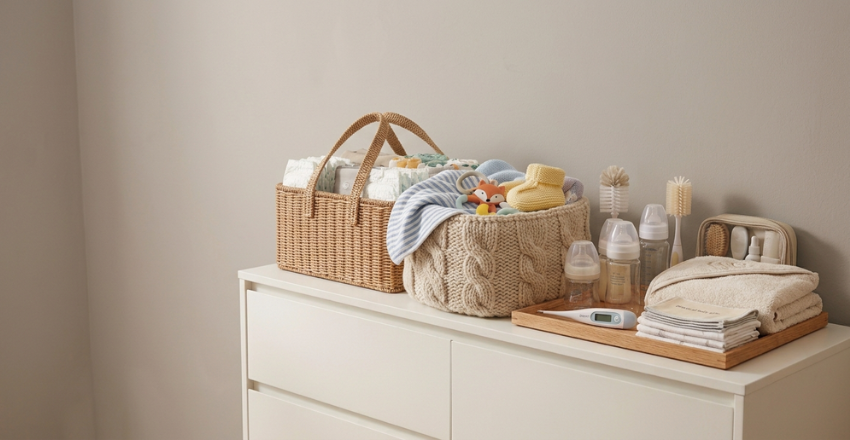 Wooden nursery toys suitable for a newborn