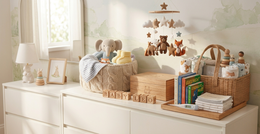 Baby care essentials packed into a keepsake basket
