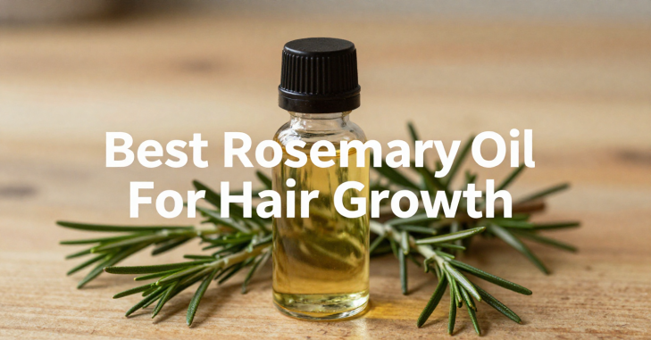 Bottle of rosemary oil beside fresh rosemary sprigs
