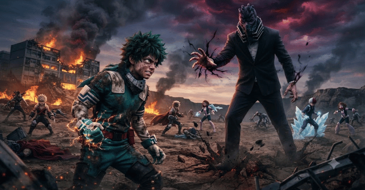 Promotional artwork featuring costumed anime heroes