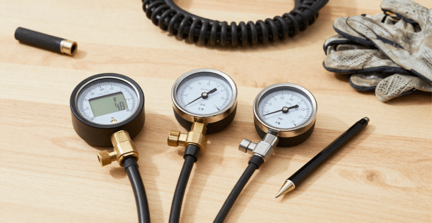 Digital tyre pressure gauge held beside a car wheel