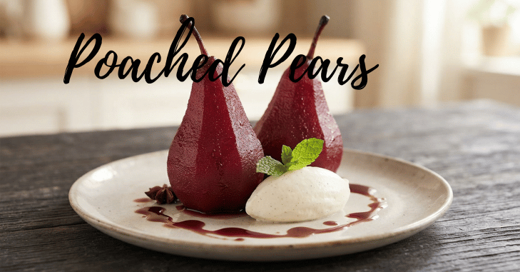 Whole pears simmering in spiced poaching liquid