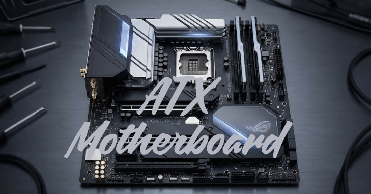 Full-size ATX motherboard laid flat on a workbench