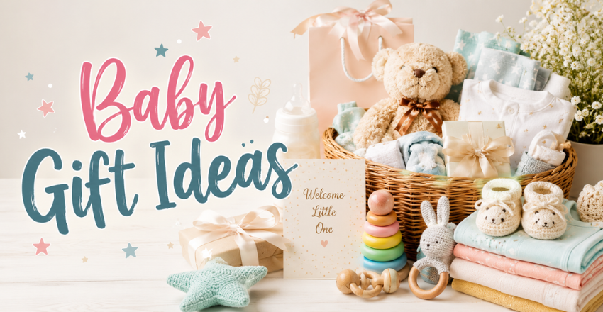 Selection of practical baby gifts arranged for a new parent
